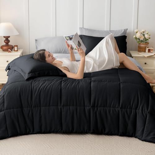 JOLLYVOGUE Queen Comforter Set, Ultra-Soft Bed in a Bag Queen Size 7 Pieces, Oeko-TEX Certified Bedding Set with Down Alternative Comforter, Sheets, Pillowcases & Shams, Black & Light Grey JOLLYVOGUE
