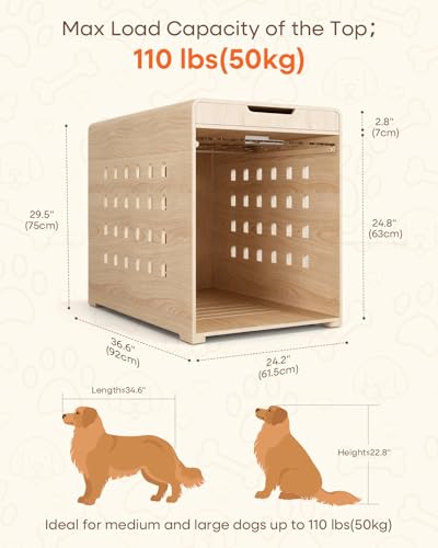 Modern Dog Crate Furniture with Charging Station Large Kennel Indoor with Flip-up Hidden Acrylic Door for Large and Medium Breeds up to 110lb Wood Pet End Side Table Cage, Oak GOUUN