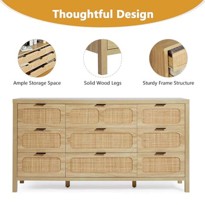 LEVNARY 9 Drawer Dresser for Bedroom, Rattan Dressers & Chest of Drawers, Large 58" Long Dressers Wooden Storage Organizer Dresser for Closet, Entryway, Living Room (Natural) - WoodArtSupply