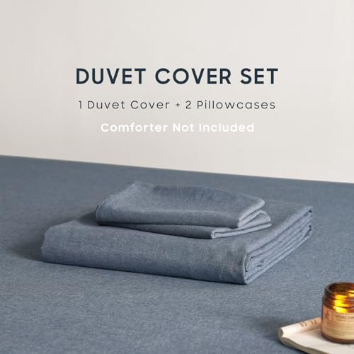 Wake In Cloud - Cotton Duvet Cover Set, Full Size, Chambray Denim Blue, 100% Washed Cotton, Linen Like Textured, Breathable Percale Durable Comfy Farmhouse Neutral Bedding Set, 3 Pieces Wake In Cloud