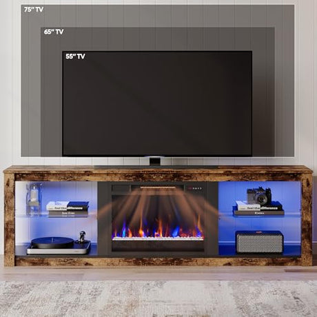 Bestier 70 Inch Fireplace TV Stand for TV up to 75", LED Entertainment Center with 23" Electric Fireplace Media Console Table for Living Room with Glass Shelves, Rustic Brown Bestier