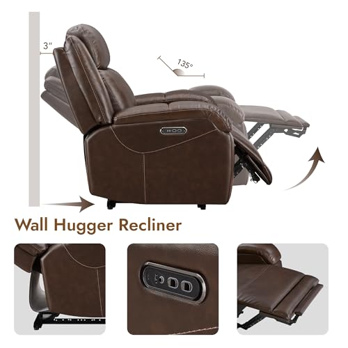 Watson & Whitely Oversized Genuine Leather Power Recliner Chairs for Big and Tall, Wall Hugger Recliner with Power Headrest & Charging Ports, Extra Large Reclining Chair for Living Room, Dark Brown
