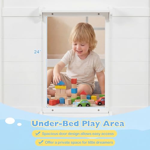 Giantex Loft Bed Twin Size with LED Lights, Wooden Low Bed Frames for Kids w/2 Doors, Under-Bed Play Space & Storage Bookcase, Modern Bedframe with Ladder & Safety Guardrail for Boys Girls (White) Giantex