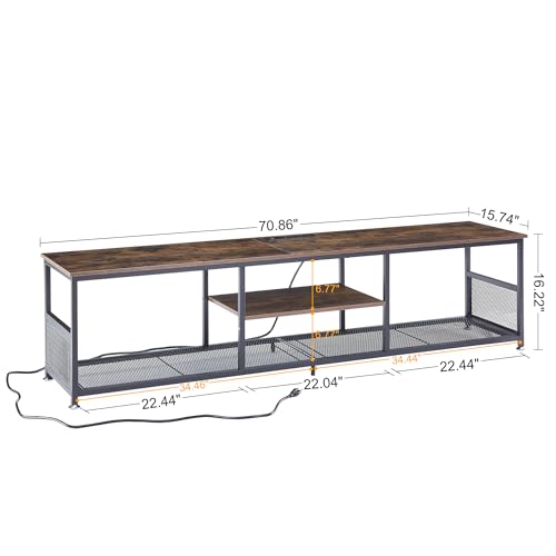 VECELO TV Stand with Power Outlets for Televisions up to 80 Inch,70" Media Entertainment Center with Charging Station 3-Tier Open Storage Shelves with Metal Frame for Living Room/Bedroom，Brown VECELO