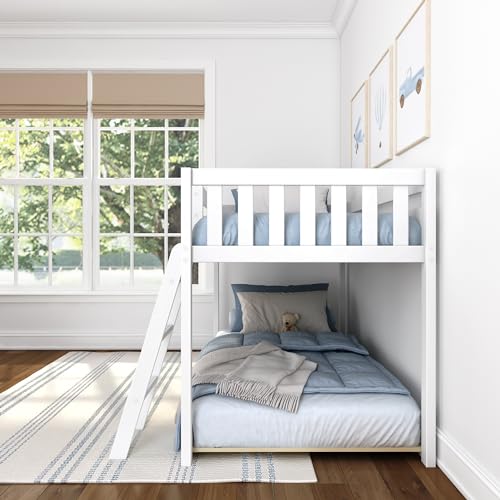 Max & Lily Fundamental Twin Low Bunk Bed, Kids Solid Wood Modern Bed Frame with Strong Wooden Slats, Non-Toxic Finishes, High Weight Capacity, White Max & Lily