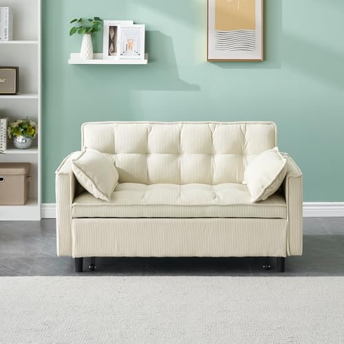 55'' Futon Sofa Bed w/ Reclining Backrest 3 in 1 Convertible Sleeper Sofa with Pull Out Couch Bed Corduroy Love Seat Futon Couch with Storage Pockets&Pillows Modern Lounge Sofa for Living Room, Beige BAOMKONG