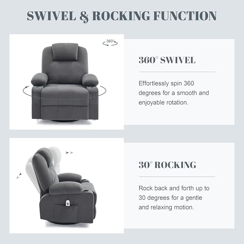 Weture Oversized Swivel Rocker Recliner Chair with Heat and Massage, Big Large Recliner Chair for Living Room, 360 Degree Swivel Rocking Single Sofa with Cup Holders and USB Port (Fabric, Darkgrey)