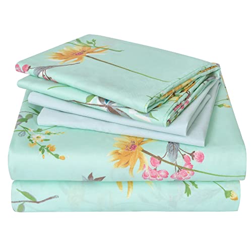 JSD Green Floral Queen Sheet Set 6 Piece, Soft Boho Printed Microfiber Bed Sheets Extra Deep Pocket, Oeko-TEX Certified JSD