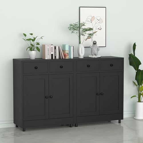 JINKUR Metal Storage Cabinet with 2 Drawers and Adjustable Shelf, Sideboard Buffet Cabinet for Home, Office, Hallway, Entryway, Living Room, Kitchen Pantry and Dining Room (Black) JINKUR