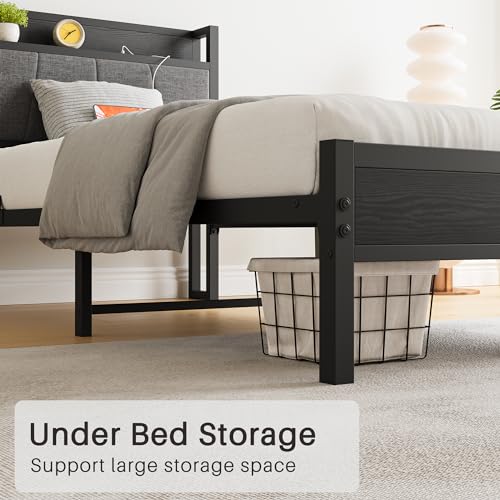 BOFENG Twin Bed Frame with Storage Headboard/USB Charging Station,Heavy Duty Metal Upholstered Single Platform Bed Frame Twin Size No Box Spring Needed,Heavy Duty Metal Slats,Noise Free,Black BOFENG