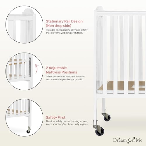 Dream On Me Folding Full-Size Convenience Baby Crib in White, GreenGuard Gold & BSA, Portable, Patented Quick Folding System, Strong Wheels, 2 Adjustable Mattress Heights