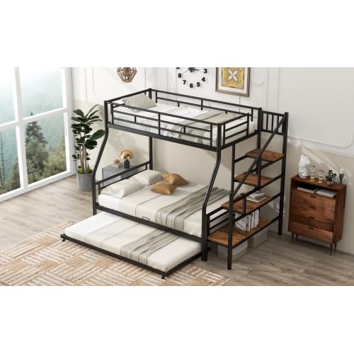 Metal Bunk Bed with Trundle Bed Twin Over Full Size Metal Bunk Bed with Storage Staircase, Black