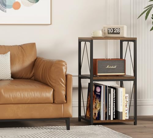 Y&M 3-Tier Vinyl Record Stand with Storage, Album Display Table for Bedroom, Living Room, Rustic Brown Y&M