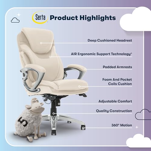 Serta Bryce Executive Office Chair, Ergonomic Computer DeskChairs with Patented AIR Lumbar Support, Comfy Body Pillows, Height Adjustable, Swivel Base with Wheels, Bonded Leather, Cream White Serta