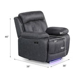 Betsy Furniture Soft Microfiber Power Reclining Chair, LED Light, Type-C and USB Charger, Recliner Smoke Gray 9052 (Power, Chair)