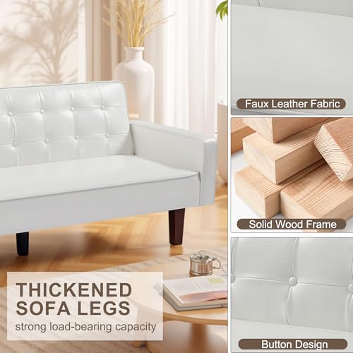 liuyouhom 74" Modern Futon Couch, Futon Sofa Bed, Mid Century Sofa Bed, Loveseat, Couches for Small Spaces, Living Room, Bedroom (Faux Leather, White) liuyouhom