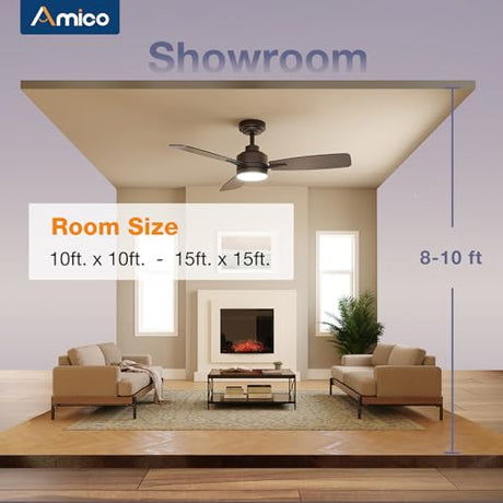 Amico Ceiling Fans with Lights, 44 inch Ceiling Fan with Light and Remote Control, Reversible, 3CCT, Dimmable, Noiseless, Small Black Ceiling Fan for Bedroom, Indoor/Outdoor Use Amico