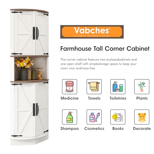 Vabches 64.8" Tall Farmhouse Corner Cabinet with 4 Doors and 5 Storage Shelves, Farmhouse Storage Cabinet with Barn Door Design, Home Space Saver for Living Room, Kitchen, Laundry Room,White Vabches