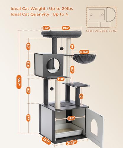 MIOMUM Tall Cat Tree with Litter Box Enclosure 56.7" Wooden Cat Tower for Large Cats with Cat Hammock House Bed (Wood Black) MIOMUM