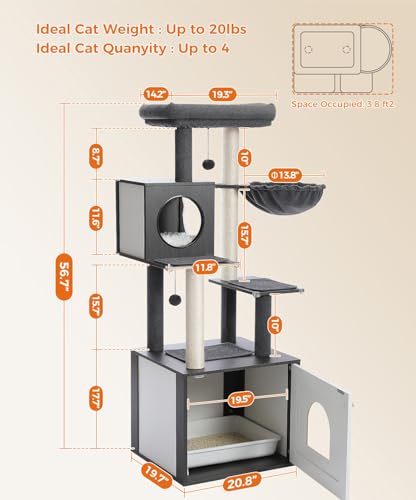 MIOMUM Tall Cat Tree with Litter Box Enclosure 56.7" Wooden Cat Tower for Large Cats with Cat Hammock House Bed (Wood Black) - WoodArtSupply