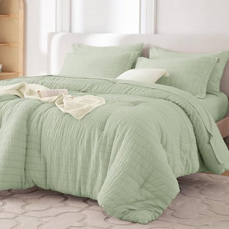 MUXHOMO 5 Pieces Twin Comforter Set, Seersucker Bed in a Bag Twin Size, All Season Luxury Bedding Set with Comforter, Flat Sheet, Fitted Sheet, Pillowcase & Sham, Light Green MUXHOMO