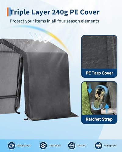 7X12 FT Heavy-Duty Portable Outdoor Storage Shed with Roll-Up Zipper Door & Vent, 240g Waterproof Carport Storage Shelter, UV-Resistant Canopy for Motorcycle, Firewood, Tools -Gray ﻿ ActiveTrail