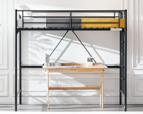 Bonnlo Metal Loft Bed with Stairs and Flat Rung, Junior Loft Bed Twin Size High Loft Bed for Kids/Teens/Adults, No Box Spring Required, Black Bonnlo