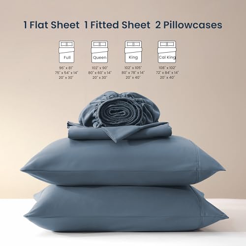 SLEEP ZONE Nanotex Super Soft Cooling Full Size Bed Sheets Set 4 Piece - Easy Care Fitted Flat Sheet & Pillowcase Sets - Wrinkle Free, Fade Resistant, Deep Pocket 16" (Flint Blue, Full) SLEEP ZONE