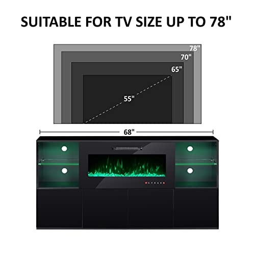 AMERLIFE Modern High Gloss 68" Fireplace TV Stand, Media Entertainment Center with Fireplace & LED Lights for TVs up to 78", TV Console Cabinet with Adjustable Glass Shelves for Living Room, Black AMERLIFE