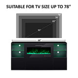 AMERLIFE Modern High Gloss 68" Fireplace TV Stand, Media Entertainment Center with Fireplace & LED Lights for TVs up to 78", TV Console Cabinet with Adjustable Glass Shelves for Living Room, Black AMERLIFE