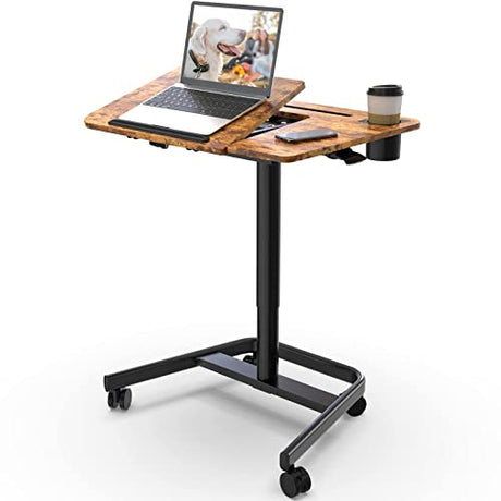 JOY worker Mobile Standing Desk, Height Adjustable Table, 60° Tiltable Rolling Laptop Desk, Portable Sit Stand Desk with Wheels Cup Holder for Bed Couch Hospital, Holds Up to 22lbs, Rustic JOY worker