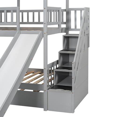 Harper & Bright Designs Twin Over Twin Wood Bunk Bed with Trundle and Staircase, Solid Wood Bunk Bed Frame with Storage, Playhouse Bunk Bed with Roof and Window for Kids, Gray Harper & Bright Designs