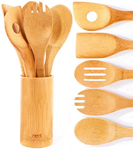 Neet Wooden Spoons For Cooking 6 Piece Organic Bamboo Utensil Set With Holder Wood Kitchen Utensils Spatula Spoon For High Heat Stirring In Nonstick Pots & Pans Quality Gift & Everyday Use NEET