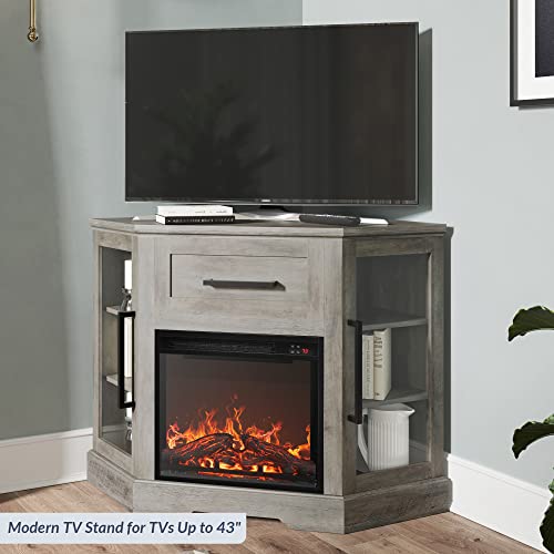 BELLEZE 43" Corner TV Stand with 18" Electric Fireplace Heater for TVs up to 43", Modern Corner Wood Entertainment Center with Glass Door Storage Cabinets - Dale (Grey Wash) BELLEZE