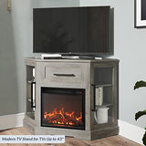 BELLEZE 43" Corner TV Stand with 18" Electric Fireplace Heater for TVs up to 43", Modern Corner Wood Entertainment Center with Glass Door Storage Cabinets - Dale (Grey Wash) BELLEZE
