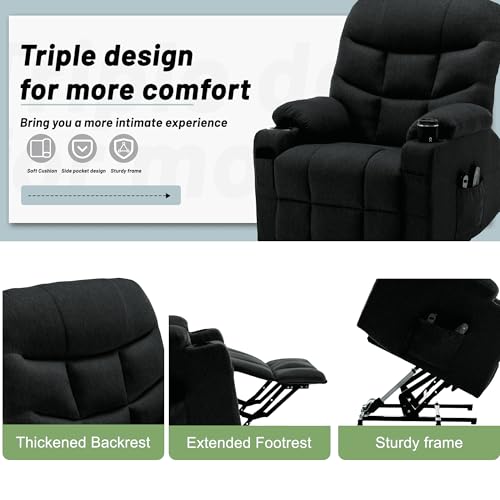 Korser Power Recliner Chair with Massage and Heating, Electric Recliner Chair for Elderly and Adults, Power Lift Recliner with Remote Control and Cup Holders for Living Room, Linen Fabric, Black