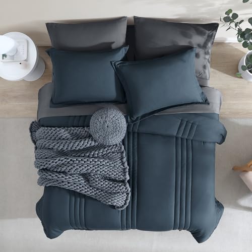Monbix Queen Comforter Set - 7 Pieces Blue Gray Bed in a Bag Queen Bedding Sets with Comforters, All Seasons Comforter Bed Set with Sheets,Pillowcases & Shams Monbix