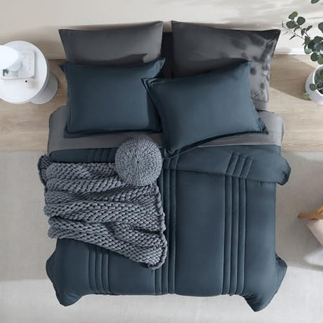 Monbix Queen Comforter Set - 7 Pieces Blue Gray Bed in a Bag Queen Bedding Sets with Comforters, All Seasons Comforter Bed Set with Sheets,Pillowcases & Shams Monbix