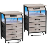 SZLHANJZ Night Stand Set of 2, Nightstands with Charger Station and LED Lights, End Tables Set with 3 Fabric Drawers, Storage Side Tables for Bedside, Living Room, Greige SZLHANJZ