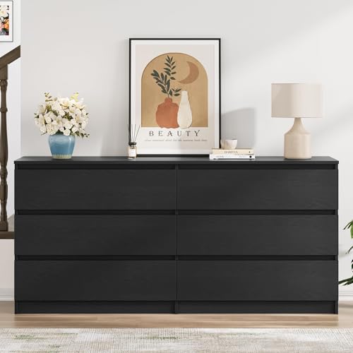 Modern 59'' Black Dresser for Bedroom, 6 Drawer Dresser with Minimalist Design, Thickened Panel & Smooth Metal Slides, Wood Long Chest of Drawers, Large Storage Wooden Dressers for Bedroom HarmonyHues
