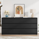 Modern 59'' Black Dresser for Bedroom, 6 Drawer Dresser with Minimalist Design, Thickened Panel & Smooth Metal Slides, Wood Long Chest of Drawers, Large Storage Wooden Dressers for Bedroom HarmonyHues