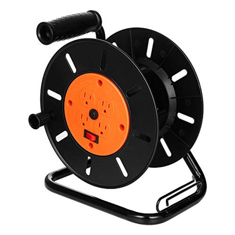 Suraielec Extension Cord Storage Reel, 15 AMP Overload Switch, 4 Outlets, Holds 100 ft 16/3, 14/3 or 75ft 12/3 Cord, Hand Crank Electric Empty Power Cord Spool, Sturdy Metal Stand, ETL Listed SURAIELEC