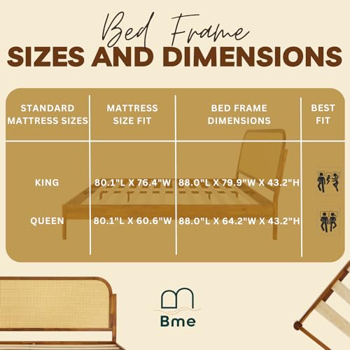 Bme Aurelia King Solid Wood Bed Frame with Rattan Headboard – Bohemian & Mid Century Modern Luxury Bme