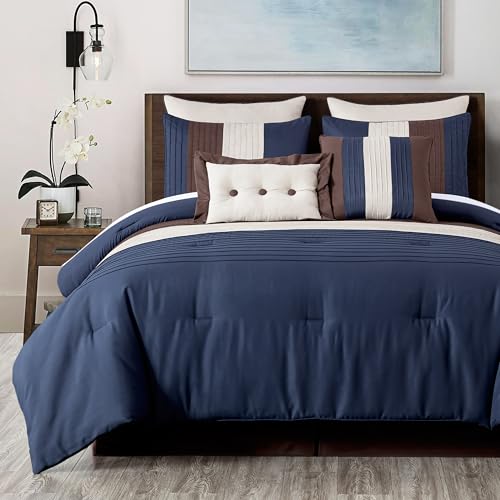 Chezmoi Collection Loft 8-Piece Queen Comforter Set, Midnight Blue/Brown/Coffee Cream Luxury Striped Bedding for All Season Chezmoi Collection