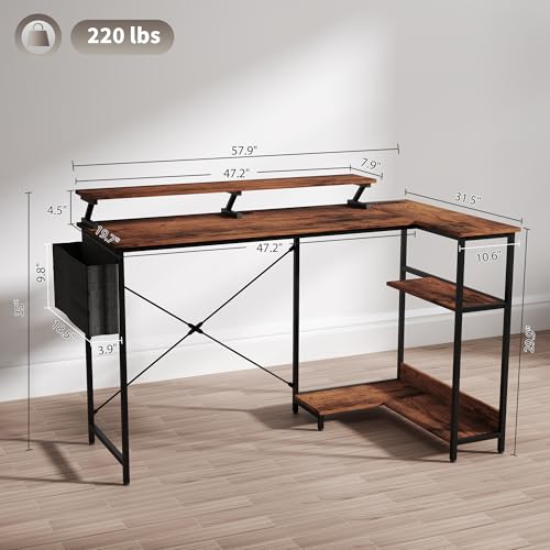 HOMCOM 58" L Shaped Gaming Desk with Power Outlets and LED Lights, Reversible Computer Desk with Monitor Stand, Fabric Storage Bag, Cable Management, for Home Office, Rustic Brown HOMCOM