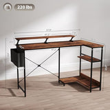 HOMCOM 58" L Shaped Gaming Desk with Power Outlets and LED Lights, Reversible Computer Desk with Monitor Stand, Fabric Storage Bag, Cable Management, for Home Office, Rustic Brown HOMCOM
