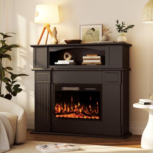 PRETZI 43" Electric Fireplace with Mantel, Wooden Black Electric Fireplace Surround with Mantel, Freestanding Faux 23" Fireplace Insert for Living Room with Remote Control, Adjustment 3D Led Flame PRETZI