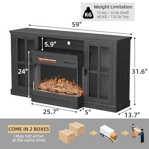 YESHOMY Glass Fireplace TV Stand for Televisions up to 65", Media Entertainment Center Console Table with Doors Closed Storage, Black with Wood Grain YESHOMY