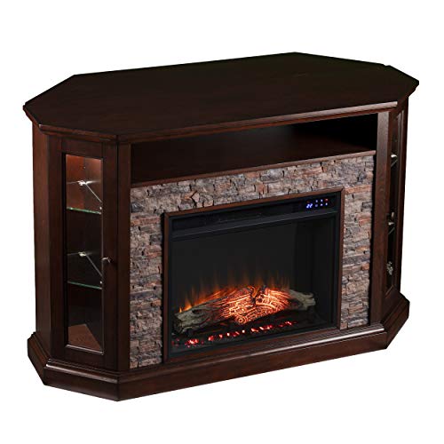 SEI Furniture Redden Faux Stone Corner Convertible Electric Fireplace with Media Storage, New Espresso SEI Furniture