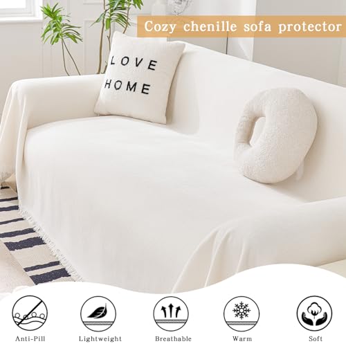 DreDecor White Couch Cover for Dogs Washable,Sofa Covers Washable,Chenille Loveseat Covers, Sofa Covers for 2 Cushion Couch,Soft Sofa Slipcovers and Furniture Covers for Sofa and Loveseat,71" X 118" DreDecor